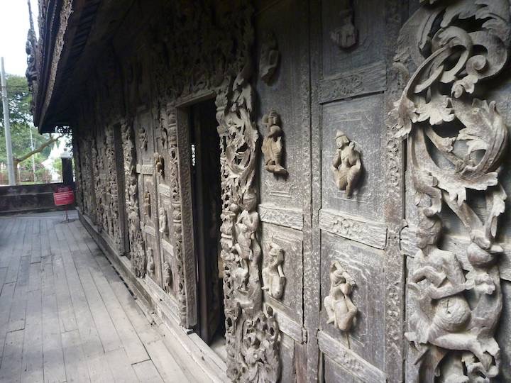 Next door  was Shwenandaw Kyaung. This was the building King Mindon died in and as it was thought to be haunted it was moved out of the Palace compound where it avoided detraction during WW2 and hence shows much of the original ornate teak carving.
